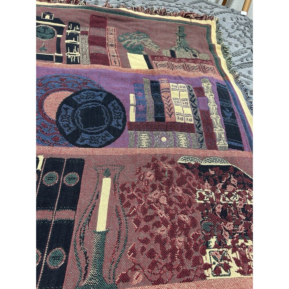 VTG Goodwin Weavers Cotton Tapestry Fringe Blanket Library Book Shelf 68”x49” - Picture 11 of 11